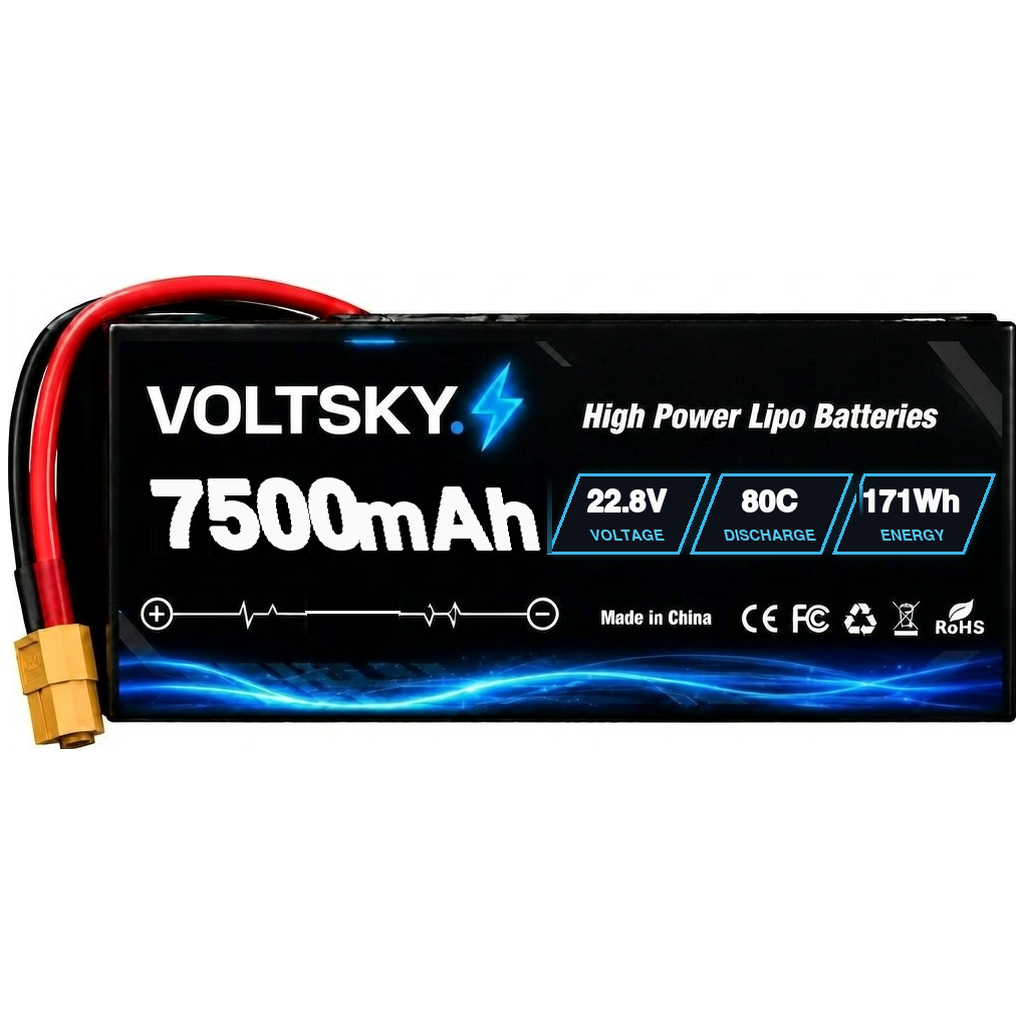Voltsky 6S 22.8V 7500mAh 171.0Wh 80C High-Discharge LiPo FPV Racing & Freestyle Drone Battery – XT90