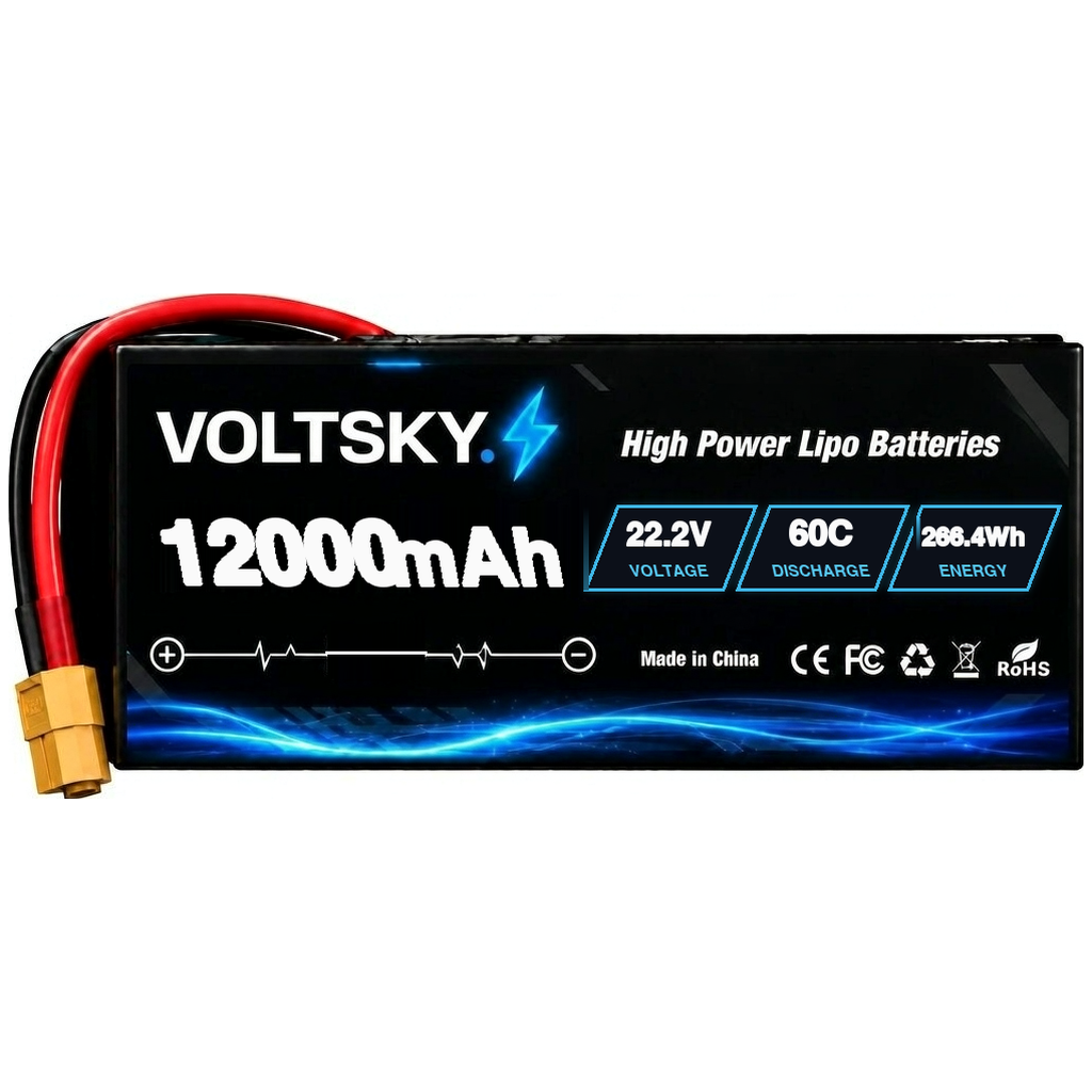 Voltsky 6S 22.2V 12000mAh 266.4Wh 30C High-Discharge LiPo FPV Racing & Freestyle Drone Battery – XT90