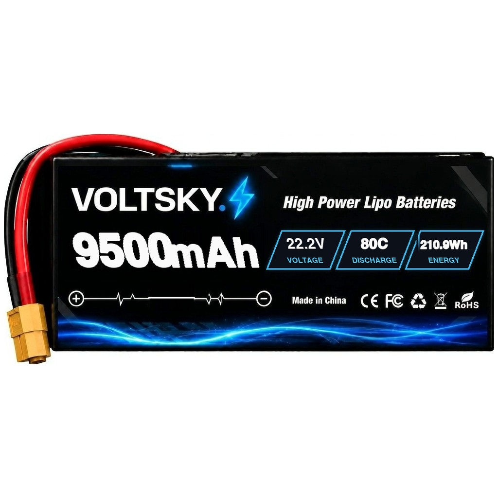 Voltsky 6S 22.2V 9500mAh 210.9Wh 80C High-Discharge LiPo FPV Racing & Freestyle Drone Battery – XT90