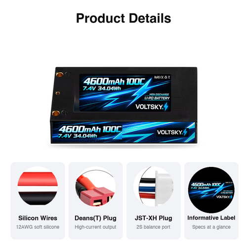 Voltsky 2S 7.4V 4600mAh 34.0Wh 100C High-Discharge Shorty Pack RC Car LiPo Battery – 4mm/5mm Bullet