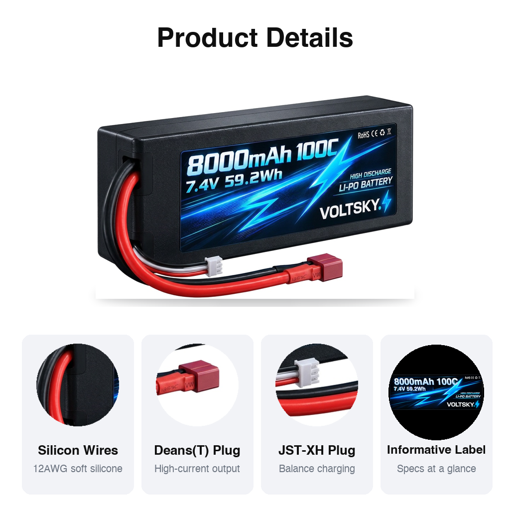 Voltsky 2S 7.4V 8000mAh 59.2Wh 100C High-Discharge Hardcase RC Car & Truck LiPo Battery – Deans T-Plug