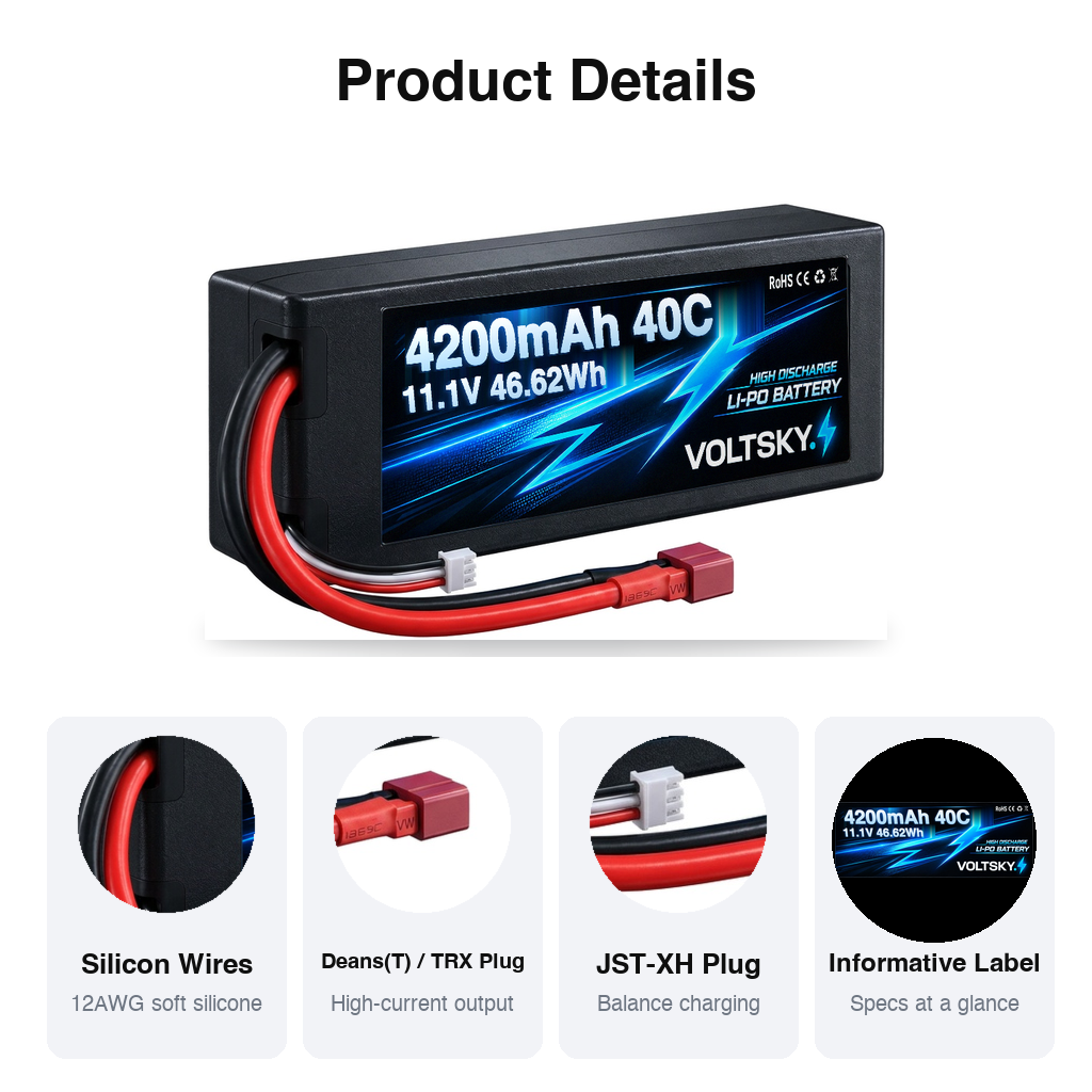 Voltsky 2S 7.4V 4200mAh 31.1Wh 40C Hardcase RC Car Racing & Drift LiPo Battery – XT60 / EC5