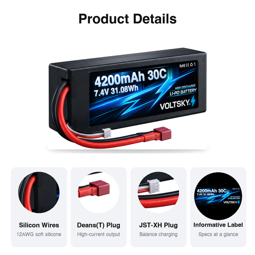 Voltsky 2S 7.4V 4200mAh 31.1Wh 30C Hardcase RC Buggy & Truck LiPo Battery – Deans T-Plug