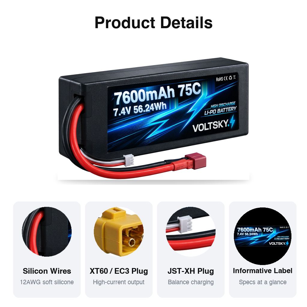 Voltsky 2S 7.4V 7600mAh 56.2Wh 75C High-Power Hardcase RC Car LiPo Battery – EC3 / XT60