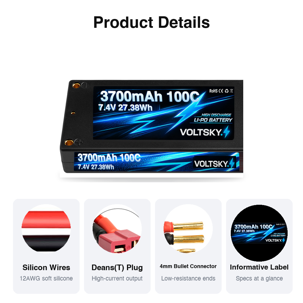 Voltsky 2S 7.4V 3700mAh 27.4Wh 100C Compact High-Discharge RC Car & Buggy LiPo Battery – Deans T-Plug