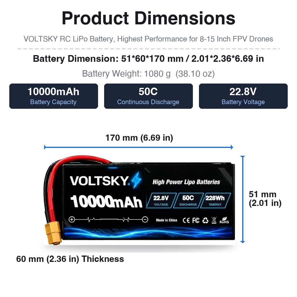 Voltsky 6S 22.8V 10000mAh 228.0Wh 50C High-Discharge LiPo FPV Racing & Freestyle Drone Battery – XT90
