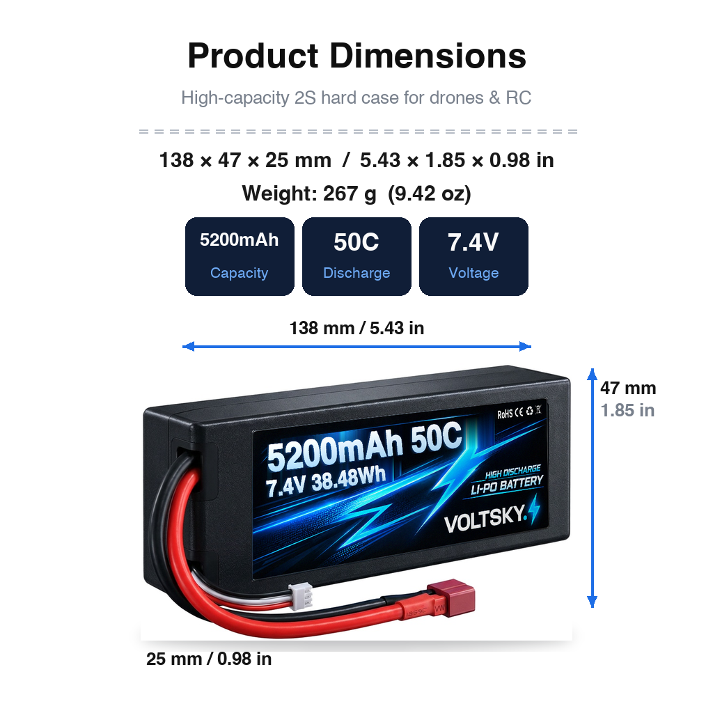 Voltsky 2S 7.4V 5200mAh 38.5Wh 50C High-Discharge Hardcase RC Car & Truck LiPo Battery – 4mm Deans
