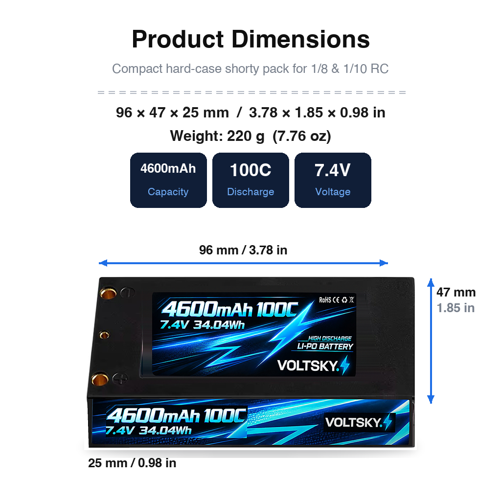Voltsky 2S 7.4V 4600mAh 34.0Wh 100C High-Discharge Shorty Pack RC Car LiPo Battery – 4mm/5mm Bullet