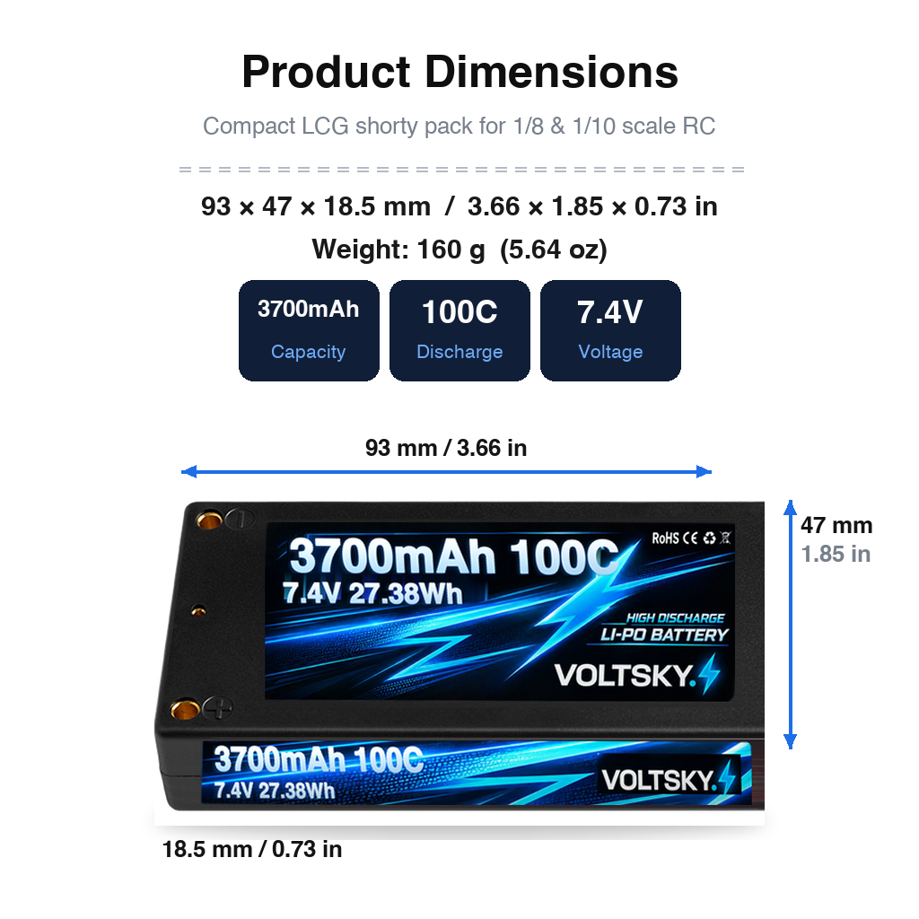 Voltsky 2S 7.4V 3700mAh 27.4Wh 100C Compact High-Discharge RC Car & Buggy LiPo Battery – Deans T-Plug