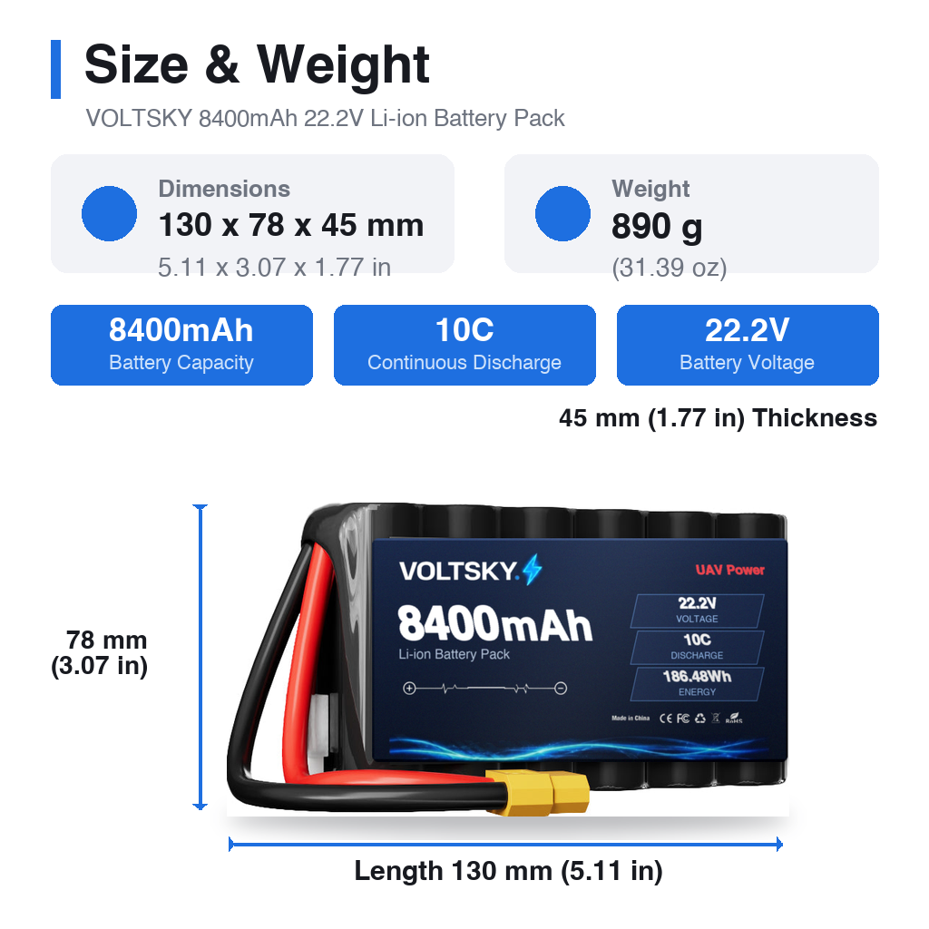 Voltsky 6S 22.2V 8400mAh 186.5Wh 10C 21700 High-Capacity Li-ion Long-Range Endurance FPV & Inspection UAV Battery – XT90