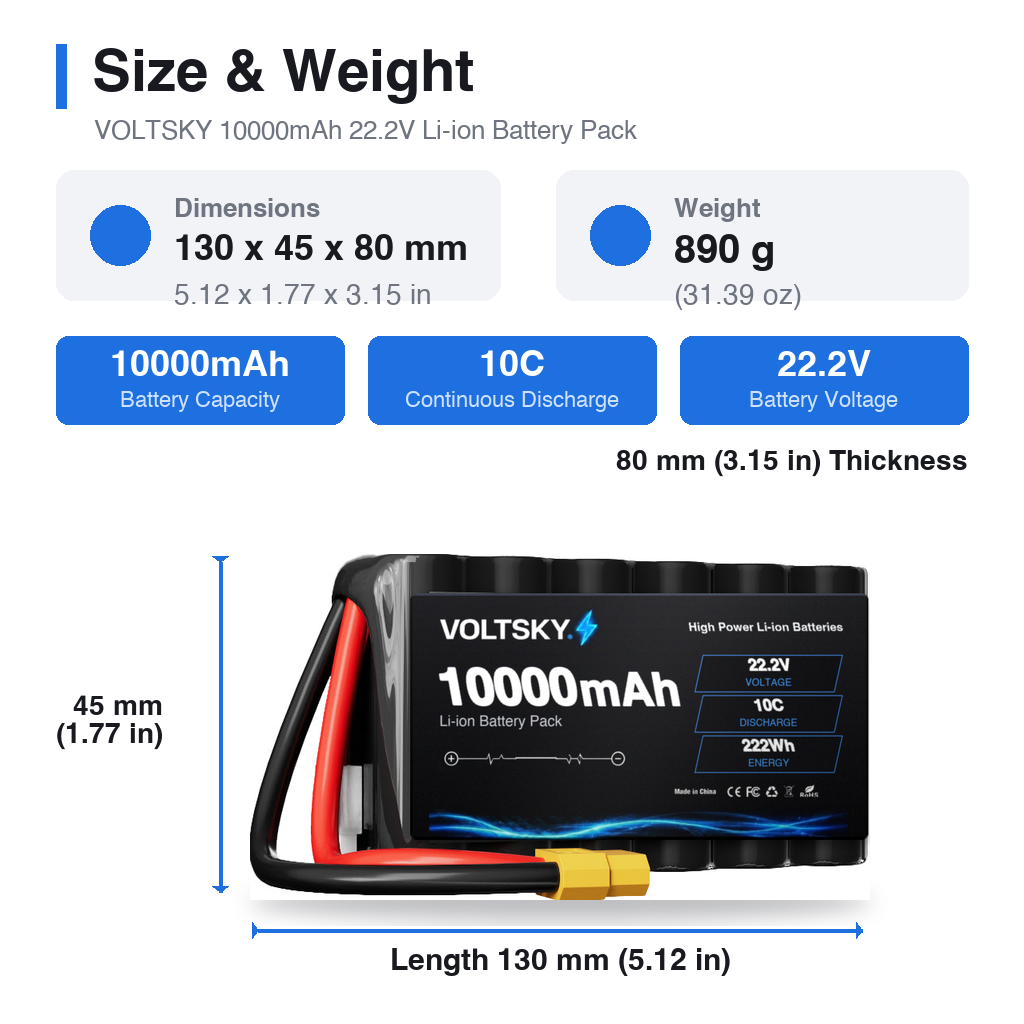 Voltsky 6S 22.2V 10000mAh 222.0Wh 10C 21700 High-Capacity Li-ion Long-Range Endurance FPV & Inspection UAV Battery – XT90