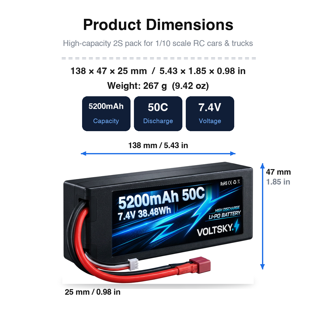 Voltsky 2S 7.4V 5200mAh 38.5Wh 50C Hardcase RC Basher Monster Truck LiPo Battery – Deans T-Plug