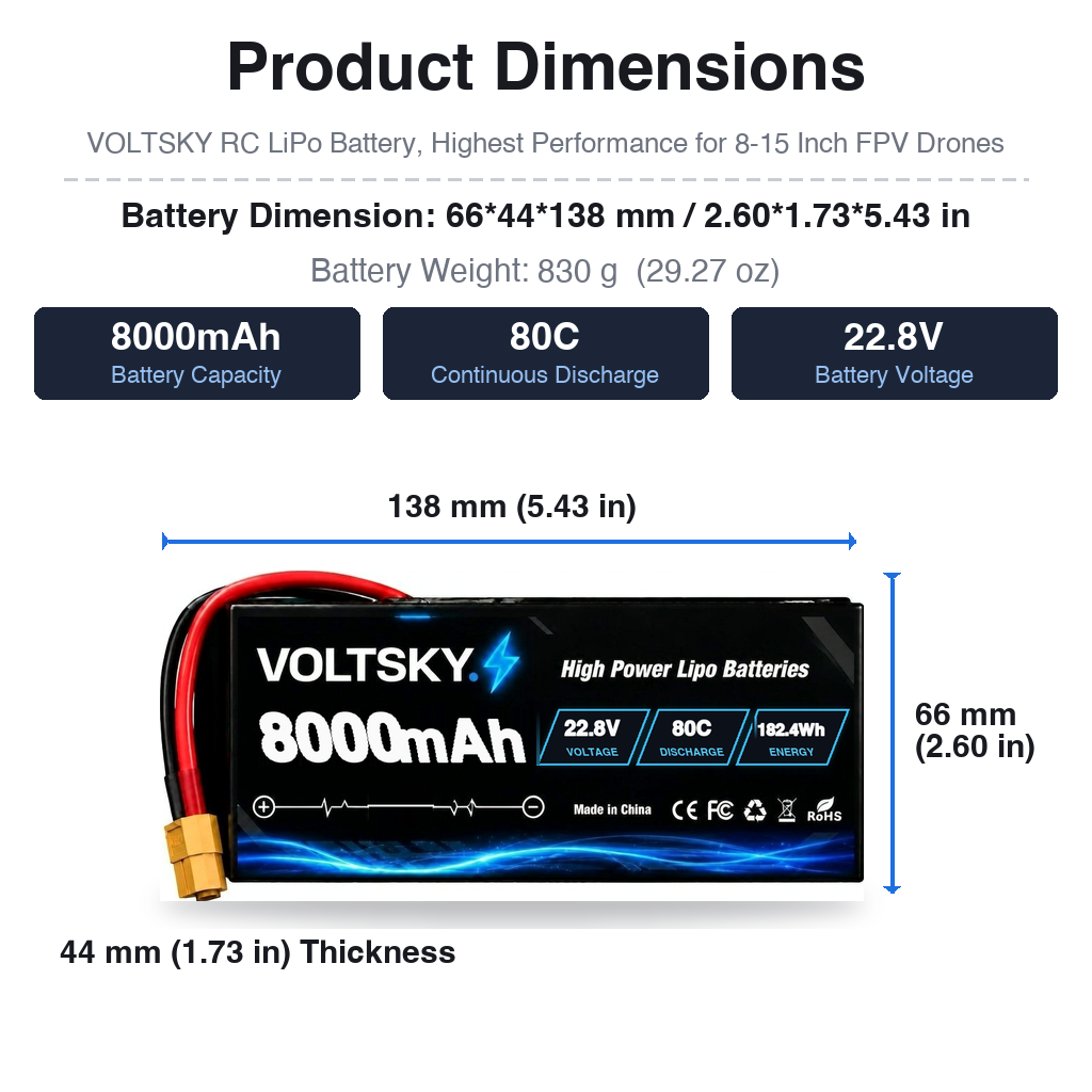 Voltsky 6S 22.2V 8000mAh 177.6Wh 80C High-Discharge LiPo FPV Racing & Freestyle Drone Battery – XT90