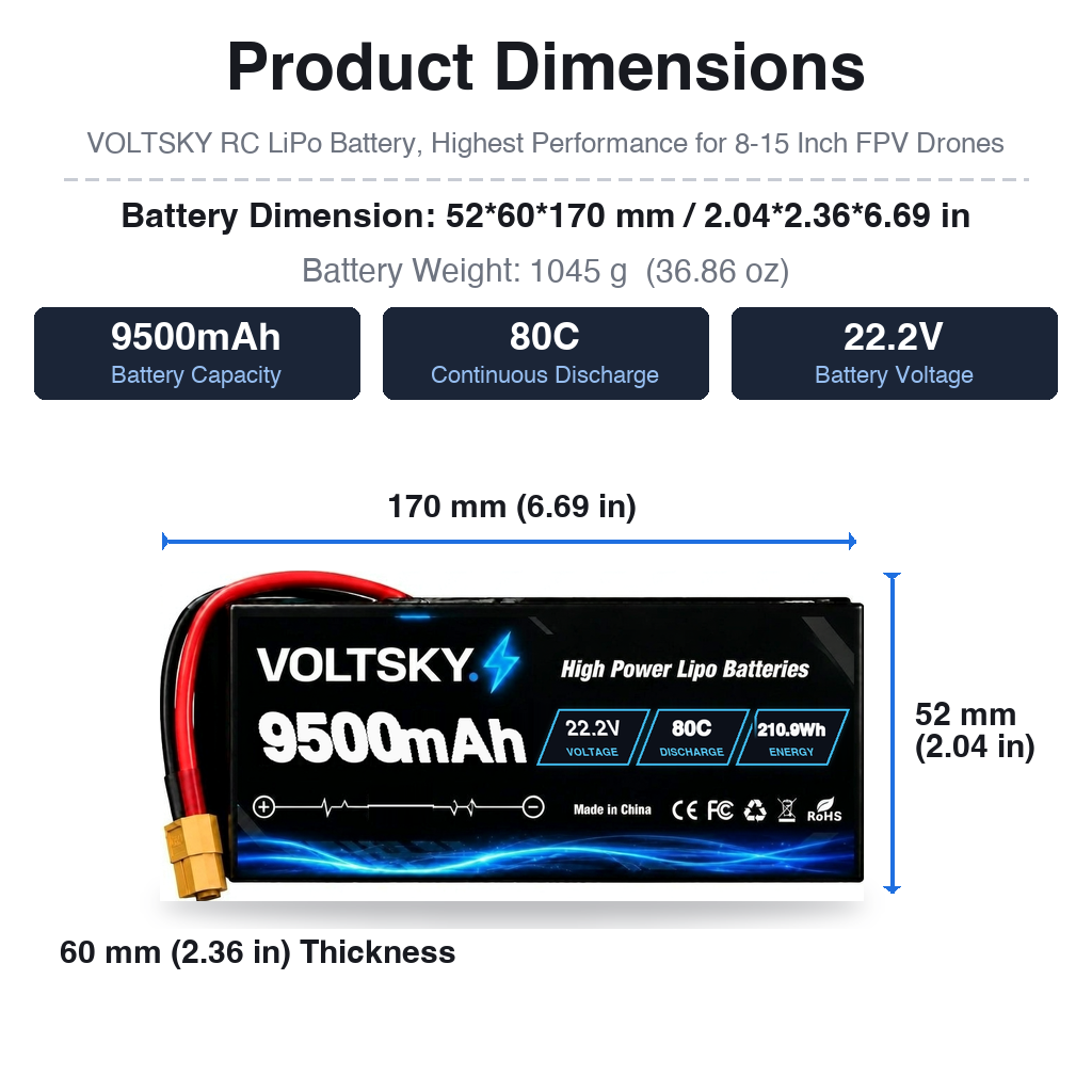 Voltsky 6S 22.2V 9500mAh 210.9Wh 80C High-Discharge LiPo FPV Racing & Freestyle Drone Battery – XT90