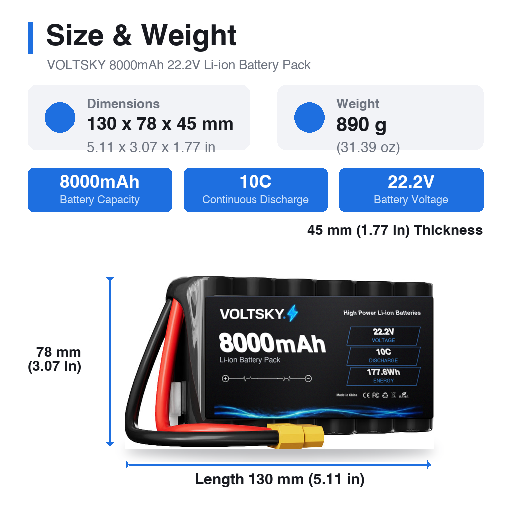 Voltsky 6S 22.2V 8000mAh 177.6Wh 10C 21700 High-Capacity Li-ion Long-Range Endurance FPV & Inspection UAV Battery – XT90