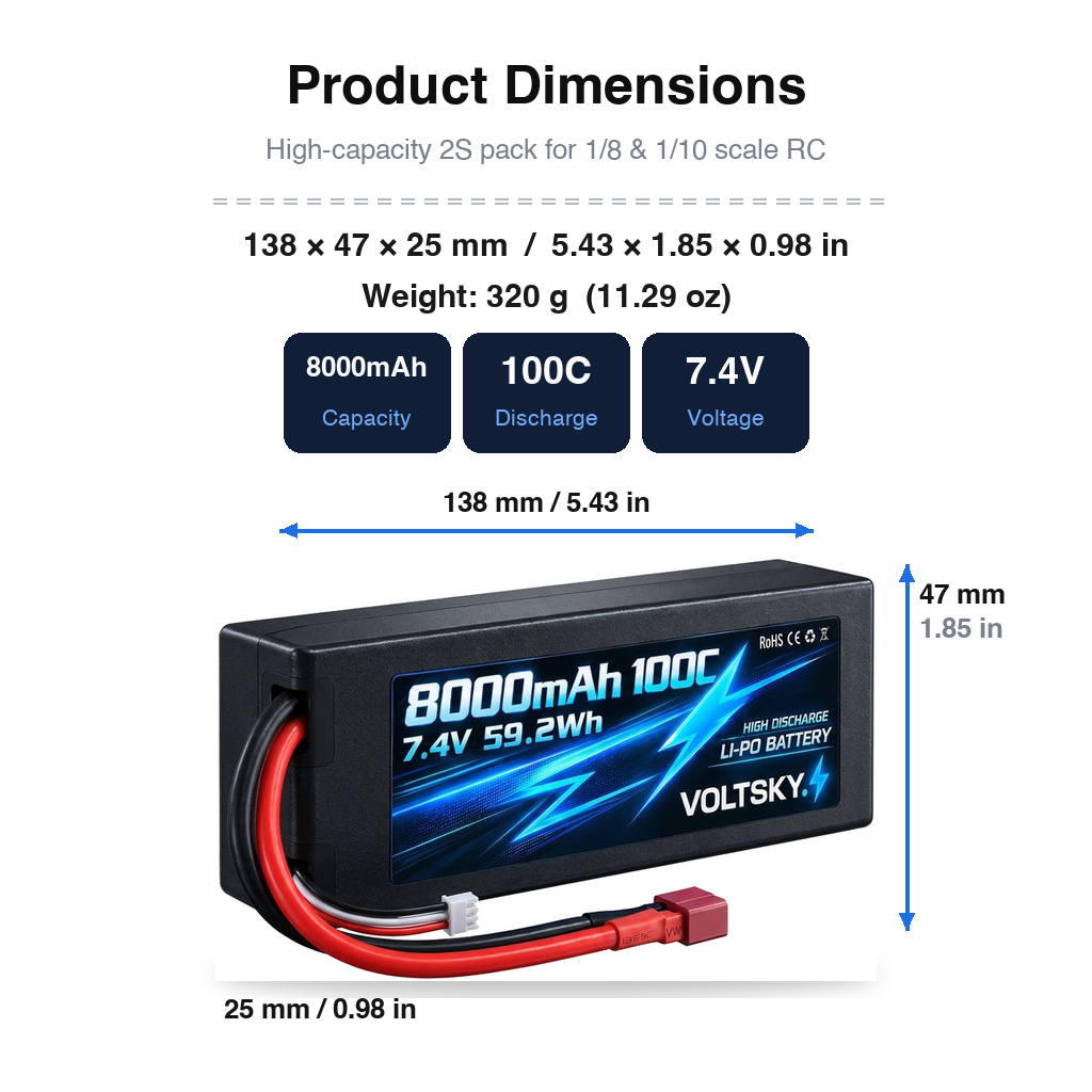 Voltsky 2S 7.4V 8000mAh 59.2Wh 100C High-Discharge Hardcase RC Car & Truck LiPo Battery – Deans T-Plug