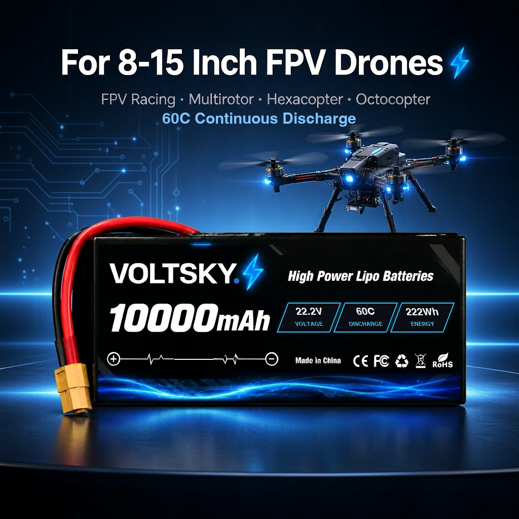 Voltsky 6S 22.2V 10000mAh 222.0Wh 60C High-Discharge LiPo FPV Racing & Freestyle Drone Battery – XT90