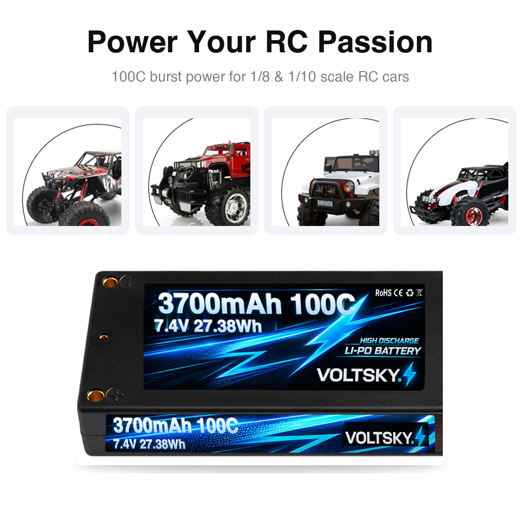 Voltsky 2S 7.4V 3700mAh 27.4Wh 100C Compact High-Discharge RC Car & Buggy LiPo Battery – Deans T-Plug