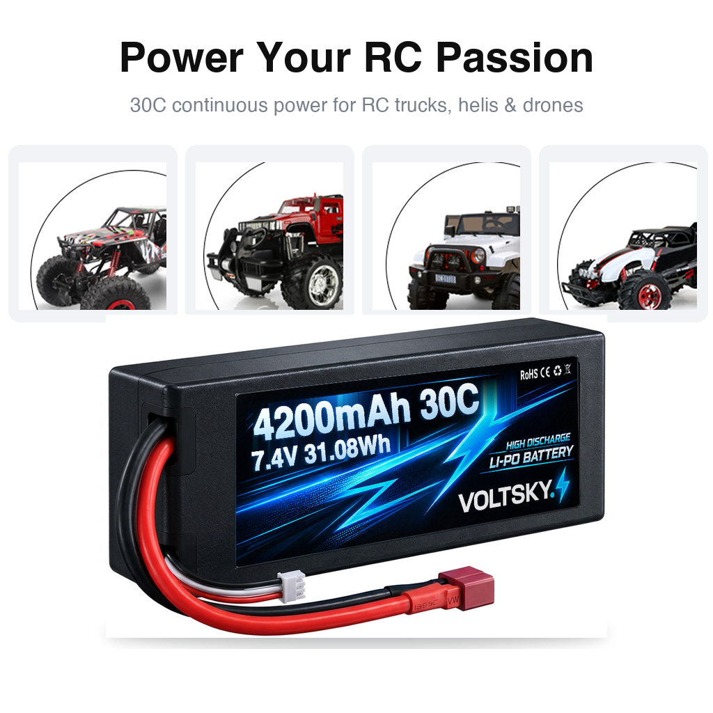 Voltsky 2S 7.4V 4200mAh 31.1Wh 30C Hardcase RC Buggy & Truck LiPo Battery – Deans T-Plug