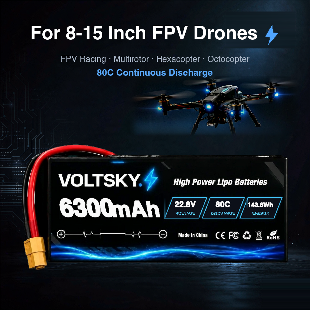 Voltsky 6S 22.8V 6300mAh 143.6Wh 80C High-Discharge LiPo FPV Racing & Freestyle Drone Battery – XT60