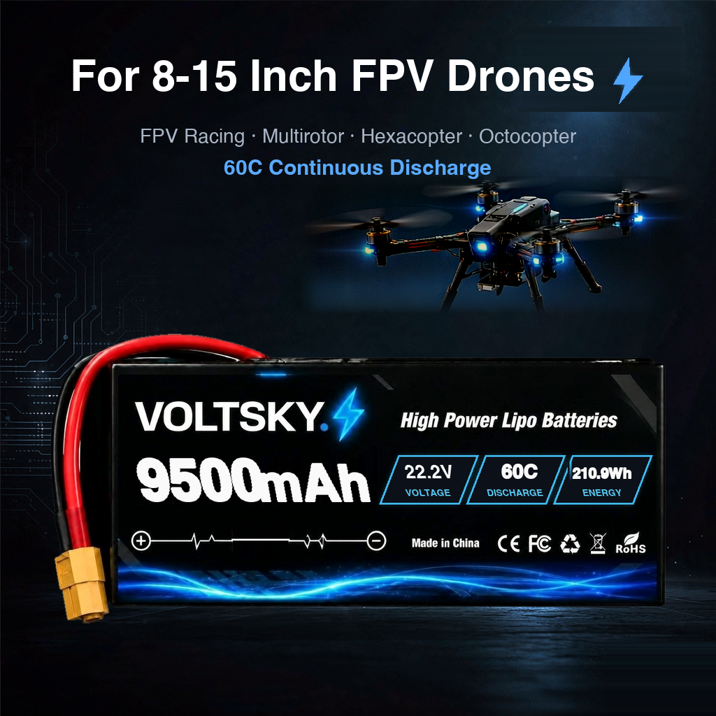 Voltsky 6S 22.2V 9500mAh 210.9Wh 60C High-Discharge LiPo FPV Racing & Freestyle Drone Battery – XT90