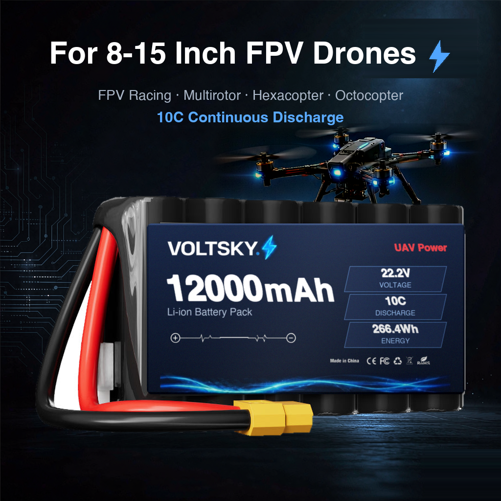 Voltsky 6S 22.2V 12000mAh 266.4Wh 10C 21700 High-Capacity Li-ion Long-Range Endurance FPV & Inspection UAV Battery – XT90