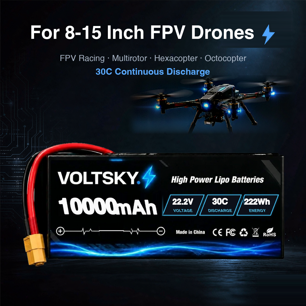 Voltsky 6S 22.2V 10000mAh 222.0Wh 30C High-Discharge LiPo FPV Racing & Freestyle Drone Battery – XT90