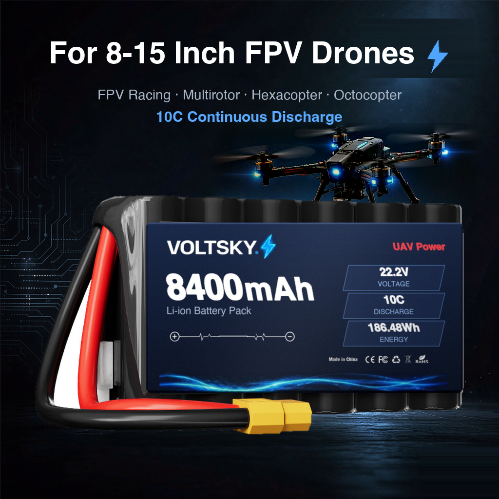 Voltsky 6S 22.2V 8400mAh 186.5Wh 10C 21700 High-Capacity Li-ion Long-Range Endurance FPV & Inspection UAV Battery – XT90