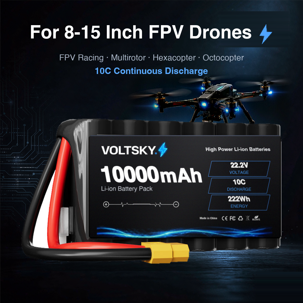 Voltsky 6S 22.2V 10000mAh 222.0Wh 10C 21700 High-Capacity Li-ion Long-Range Endurance FPV & Inspection UAV Battery – XT90