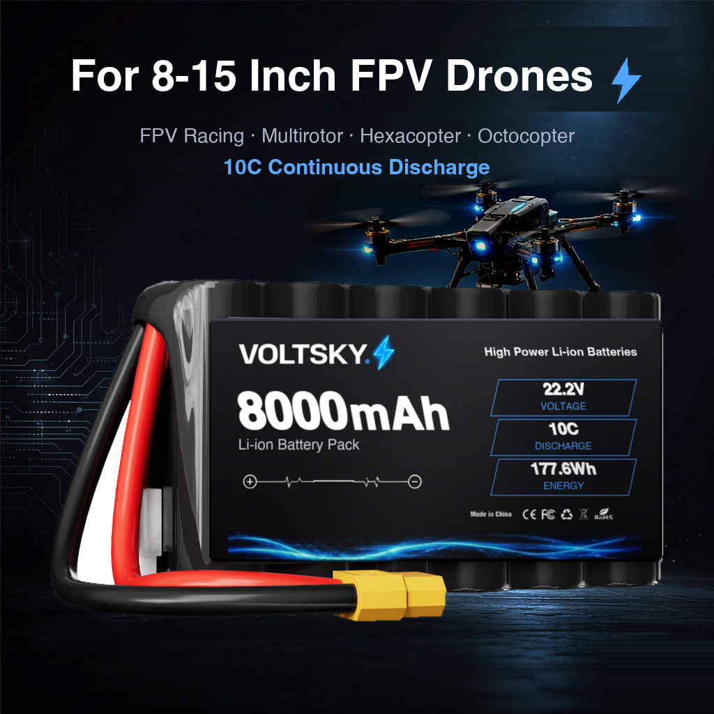 Voltsky 6S 22.2V 8000mAh 177.6Wh 10C 21700 High-Capacity Li-ion Long-Range Endurance FPV & Inspection UAV Battery – XT90