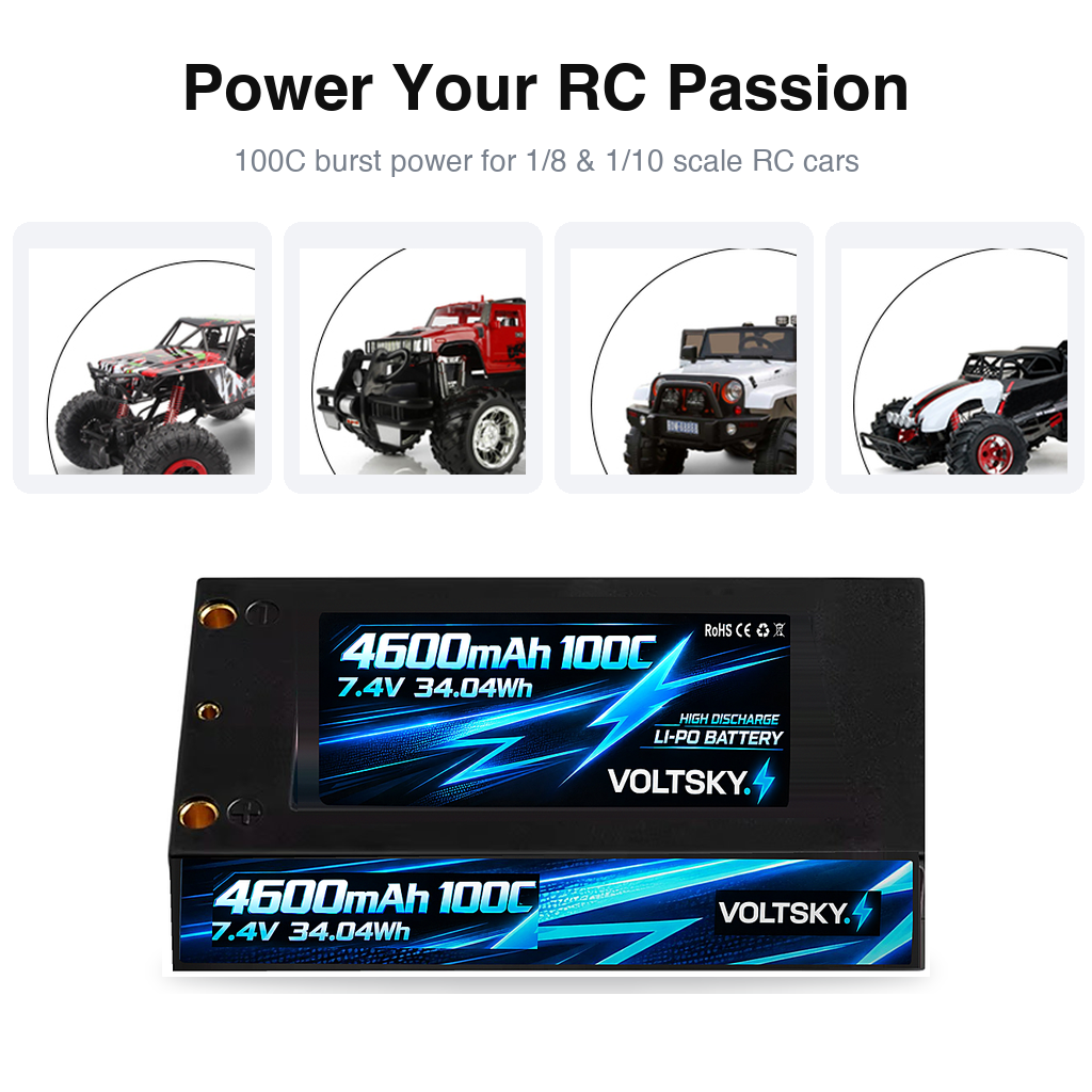 Voltsky 2S 7.4V 4600mAh 34.0Wh 100C High-Discharge Shorty Pack RC Car LiPo Battery – 4mm/5mm Bullet