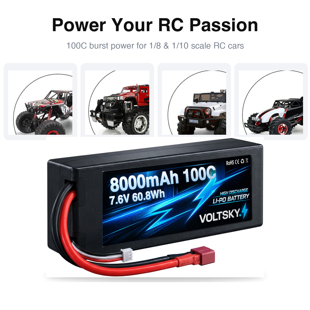 Voltsky 2S 7.6V 8000mAh 60.8Wh 100C Graphene LiHV High-Discharge Hardcase RC Car LiPo Battery – Deans T-Plug