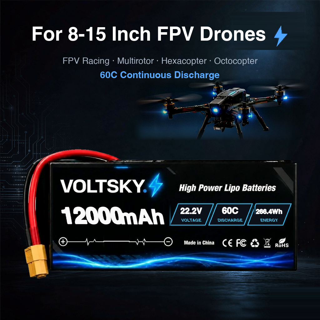 Voltsky 6S 22.2V 12000mAh 266.4Wh 30C High-Discharge LiPo FPV Racing & Freestyle Drone Battery – XT90