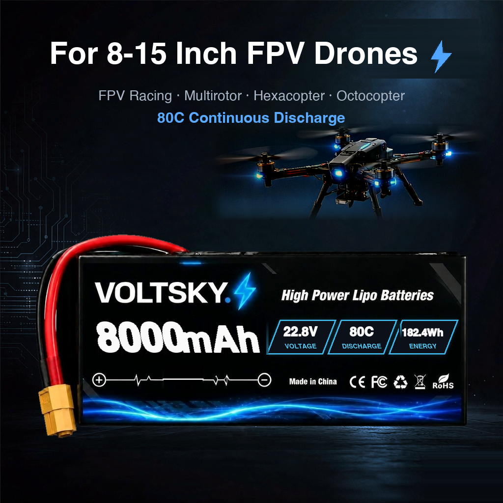 Voltsky 6S 22.2V 8000mAh 177.6Wh 80C High-Discharge LiPo FPV Racing & Freestyle Drone Battery – XT90