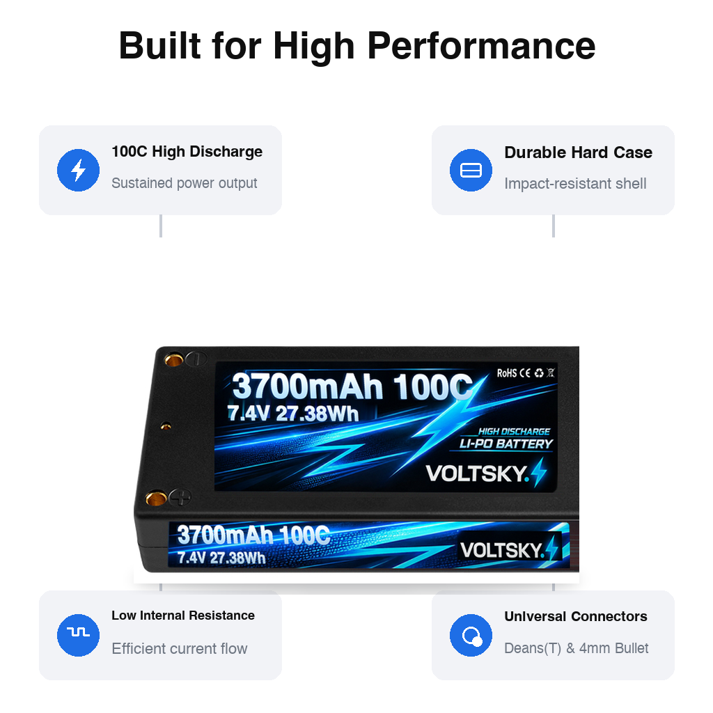 Voltsky 2S 7.4V 3700mAh 27.4Wh 100C Compact High-Discharge RC Car & Buggy LiPo Battery – Deans T-Plug