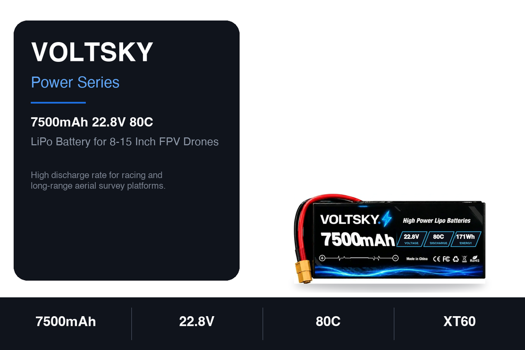 Voltsky 6S 22.8V 7500mAh 171.0Wh 80C High-Discharge LiPo FPV Racing & Freestyle Drone Battery – XT90
