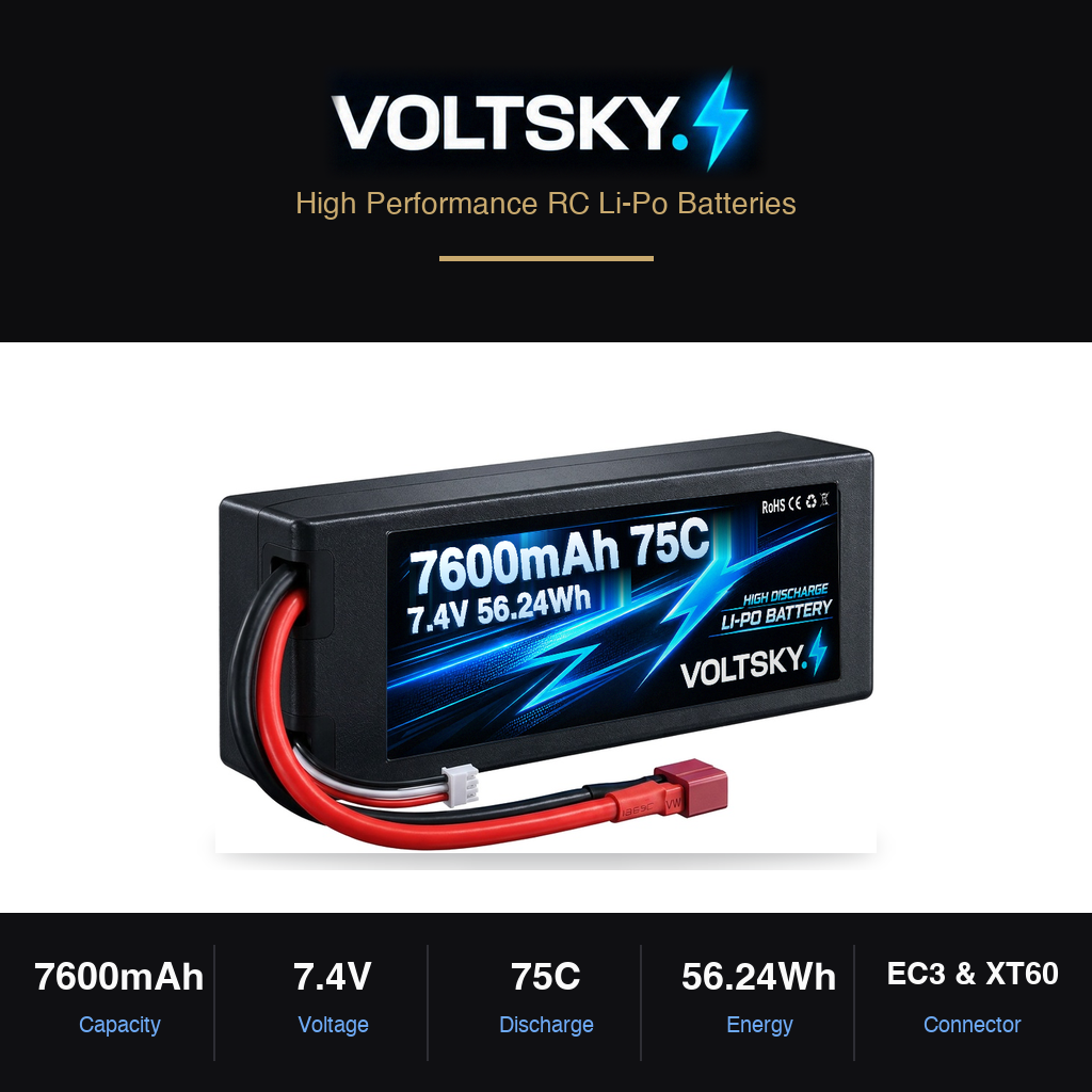 Voltsky 2S 7.4V 7600mAh 56.2Wh 75C High-Power Hardcase RC Car LiPo Battery – EC3 / XT60