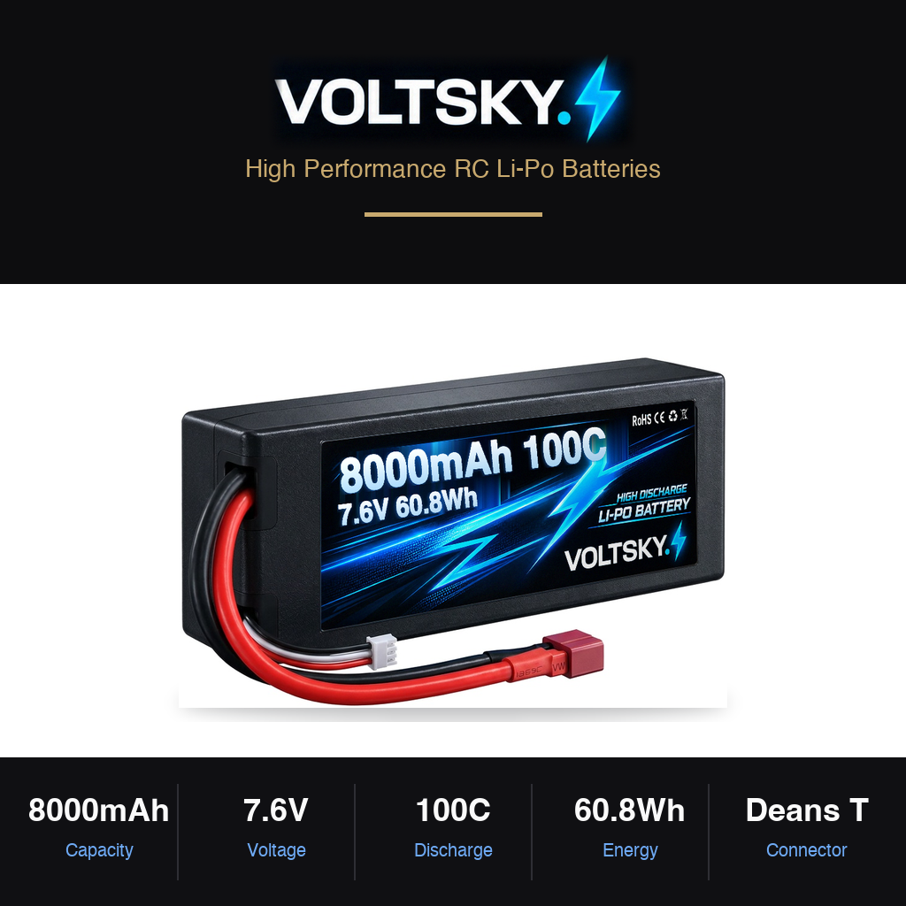 Voltsky 2S 7.6V 8000mAh 60.8Wh 100C Graphene LiHV High-Discharge Hardcase RC Car LiPo Battery – Deans T-Plug