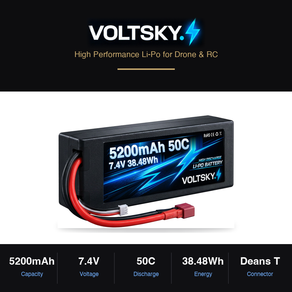 Voltsky 2S 7.4V 5200mAh 38.5Wh 50C Hardcase 1/8 & 1/10 Scale RC Vehicle LiPo Battery – TRX / EC3
