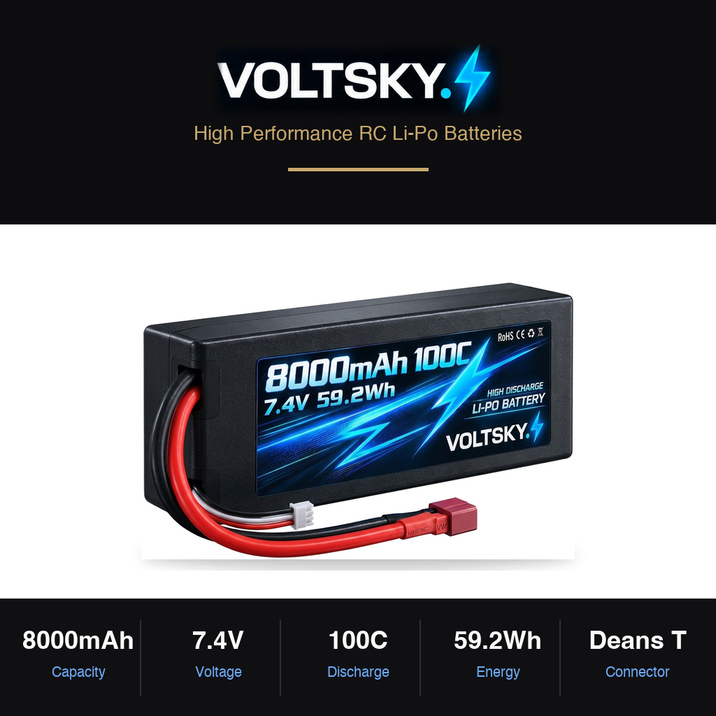 Voltsky 2S 7.4V 8000mAh 59.2Wh 100C High-Discharge Hardcase RC Car & Truck LiPo Battery – Deans T-Plug
