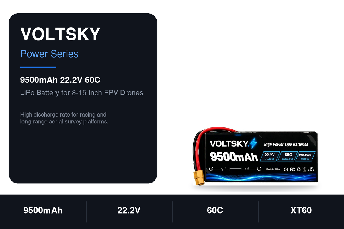 Voltsky 6S 22.2V 9500mAh 210.9Wh 60C High-Discharge LiPo FPV Racing & Freestyle Drone Battery – XT90