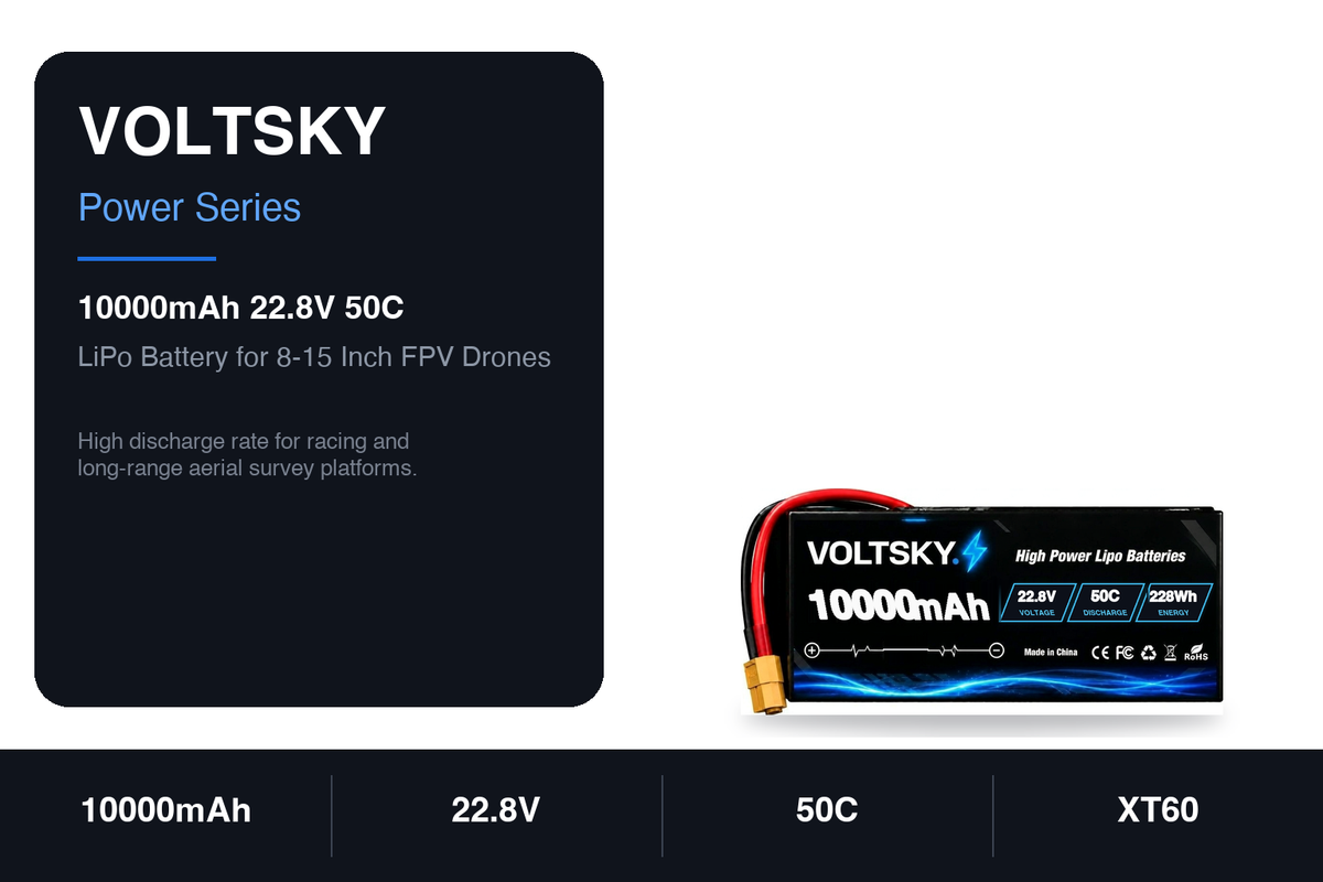 Voltsky 6S 22.8V 10000mAh 228.0Wh 50C High-Discharge LiPo FPV Racing & Freestyle Drone Battery – XT90