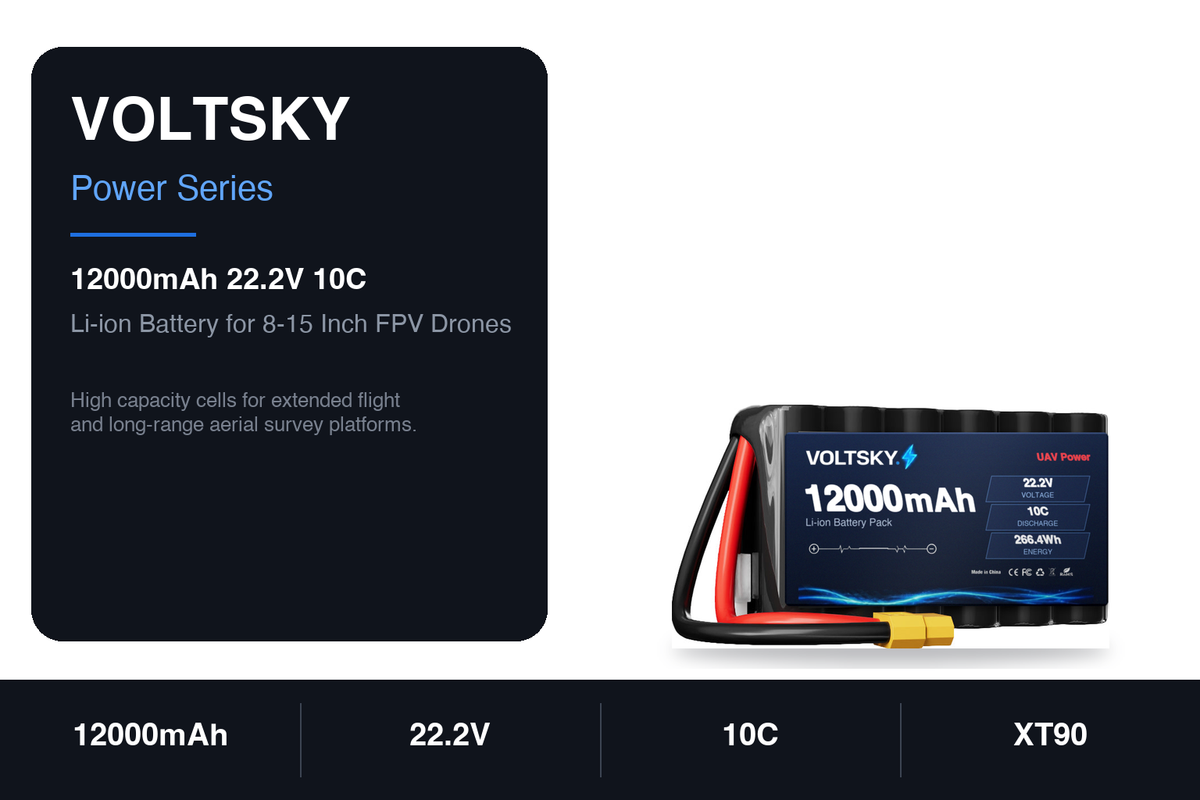 Voltsky 6S 22.2V 12000mAh 266.4Wh 10C 21700 High-Capacity Li-ion Long-Range Endurance FPV & Inspection UAV Battery – XT90