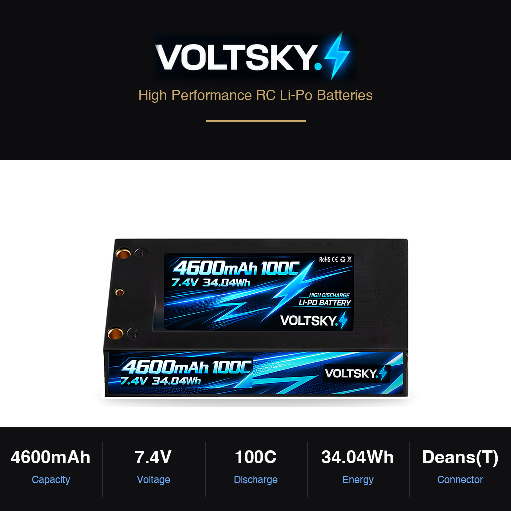 Voltsky 2S 7.4V 4600mAh 34.0Wh 100C High-Discharge Shorty Pack RC Car LiPo Battery – 4mm/5mm Bullet