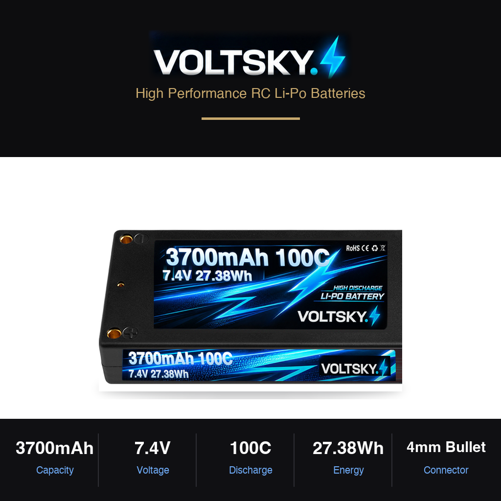 Voltsky 2S 7.4V 3700mAh 27.4Wh 100C Compact High-Discharge RC Car & Buggy LiPo Battery – Deans T-Plug
