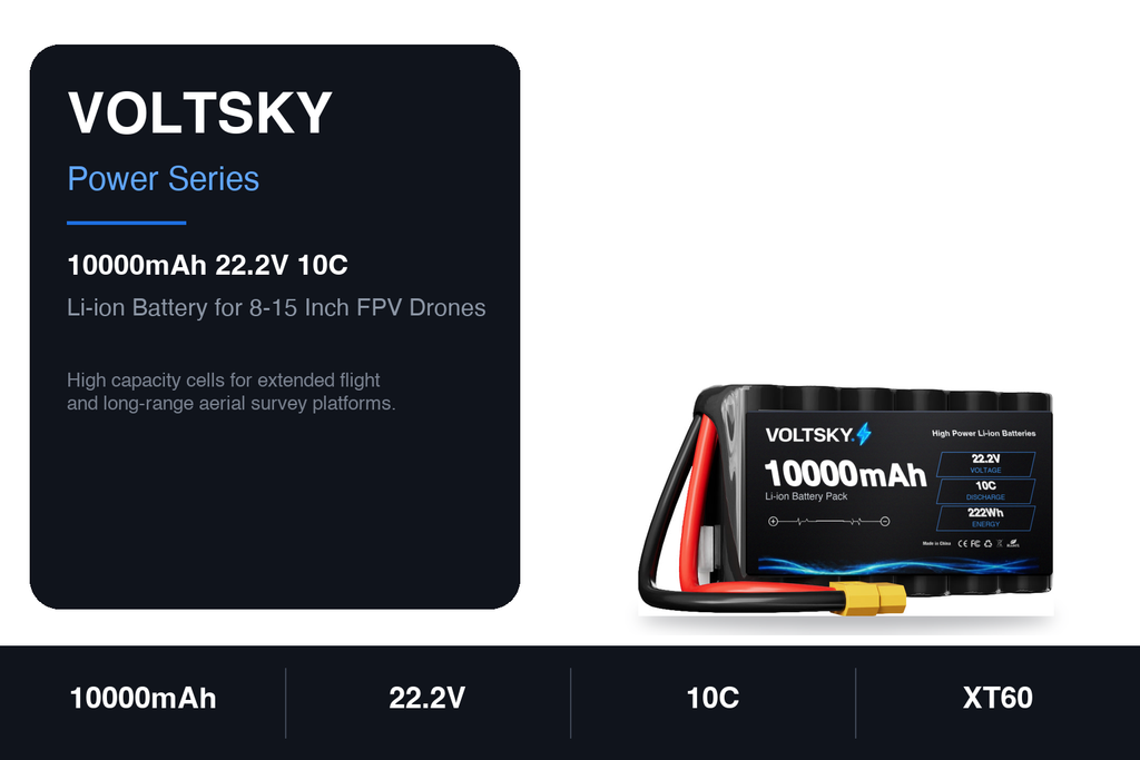 Voltsky 6S 22.2V 10000mAh 222.0Wh 10C 21700 High-Capacity Li-ion Long-Range Endurance FPV & Inspection UAV Battery – XT90