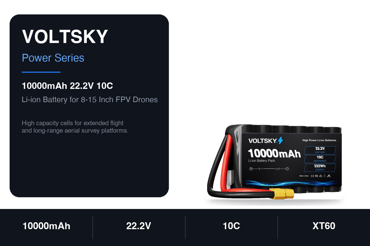 Voltsky 6S 22.2V 10000mAh 222.0Wh 10C 21700 High-Capacity Li-ion Long-Range Endurance FPV & Inspection UAV Battery – XT90